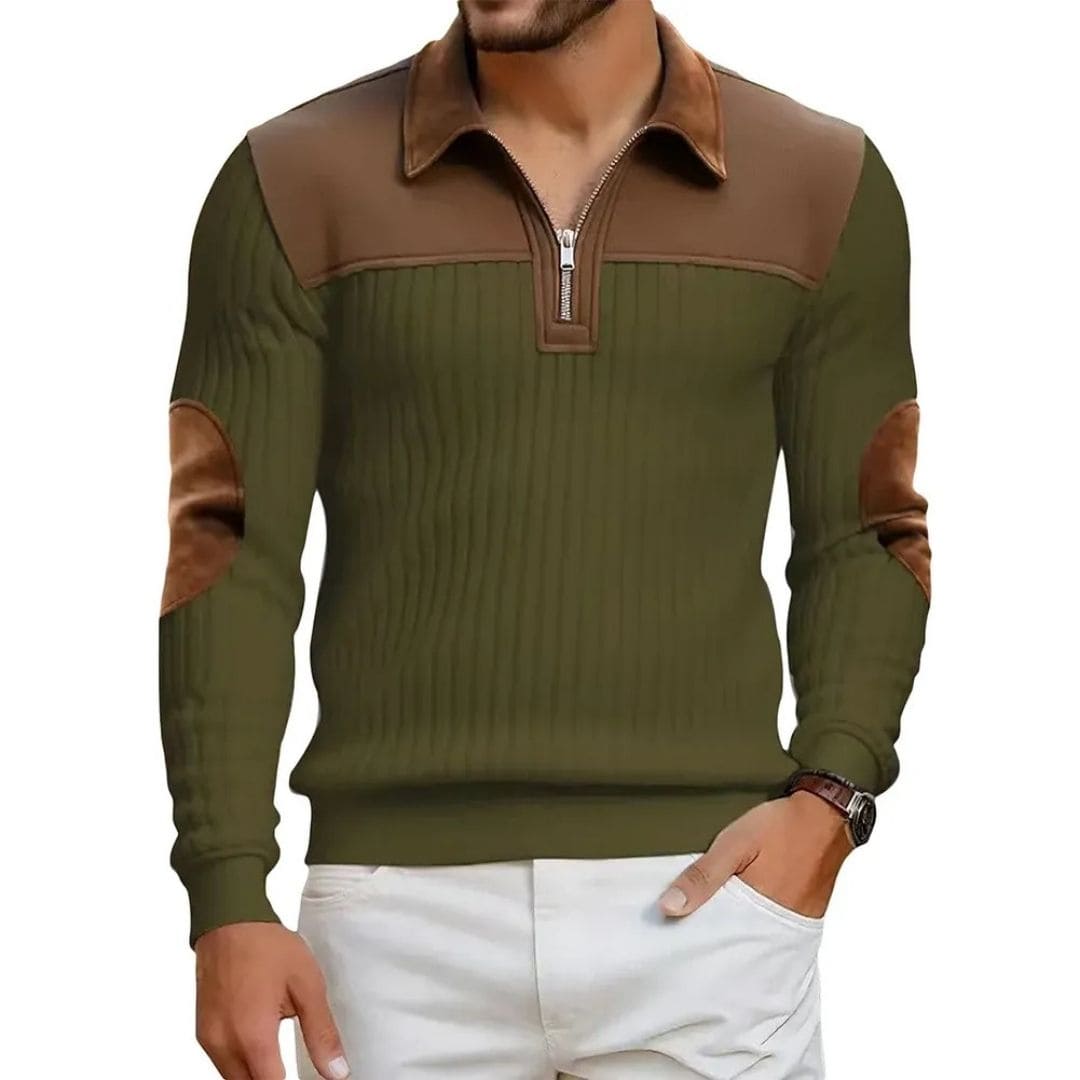 Pull zippé côtelé signature avec détails en daim