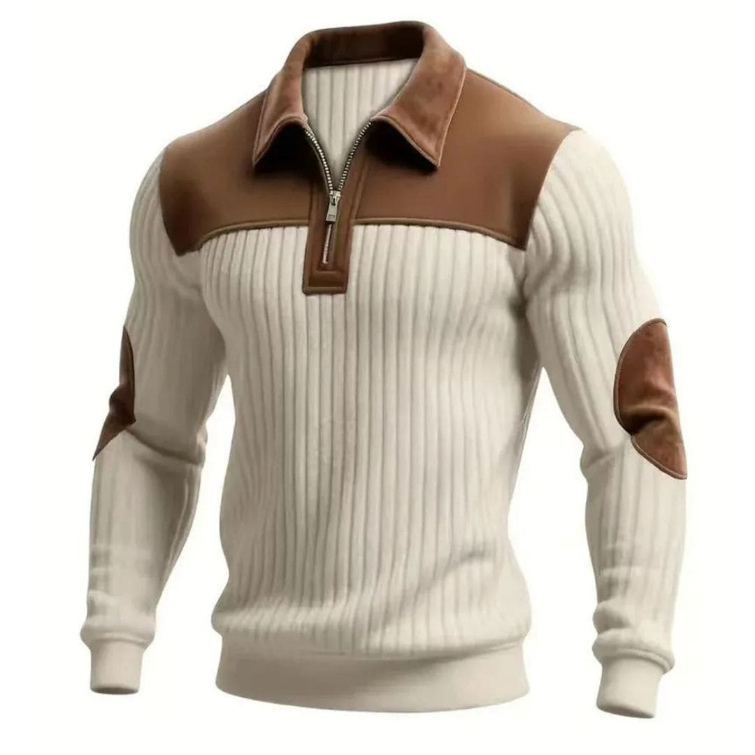 Pull zippé côtelé signature avec détails en daim