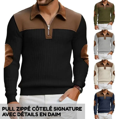 Pull zippé côtelé signature avec détails en daim