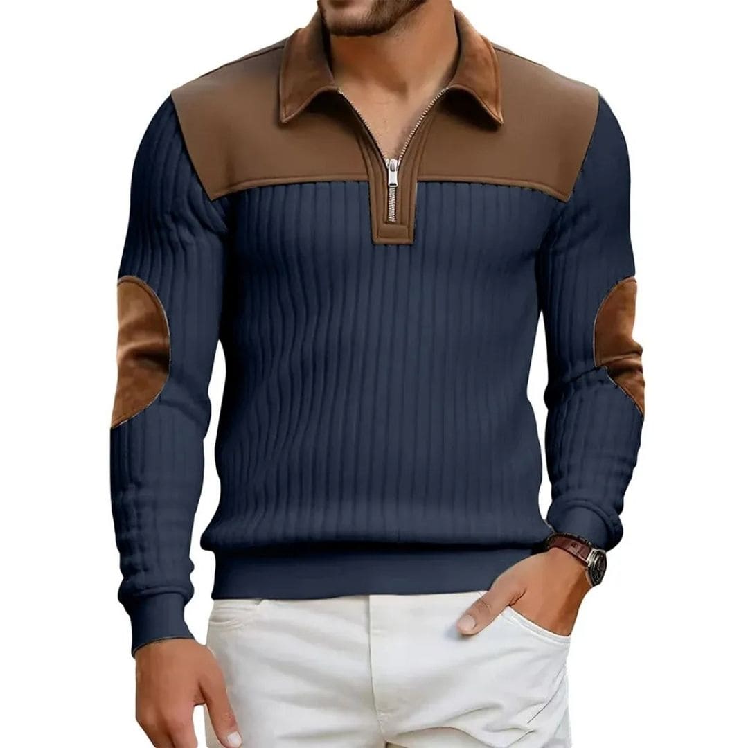 Pull zippé côtelé signature avec détails en daim